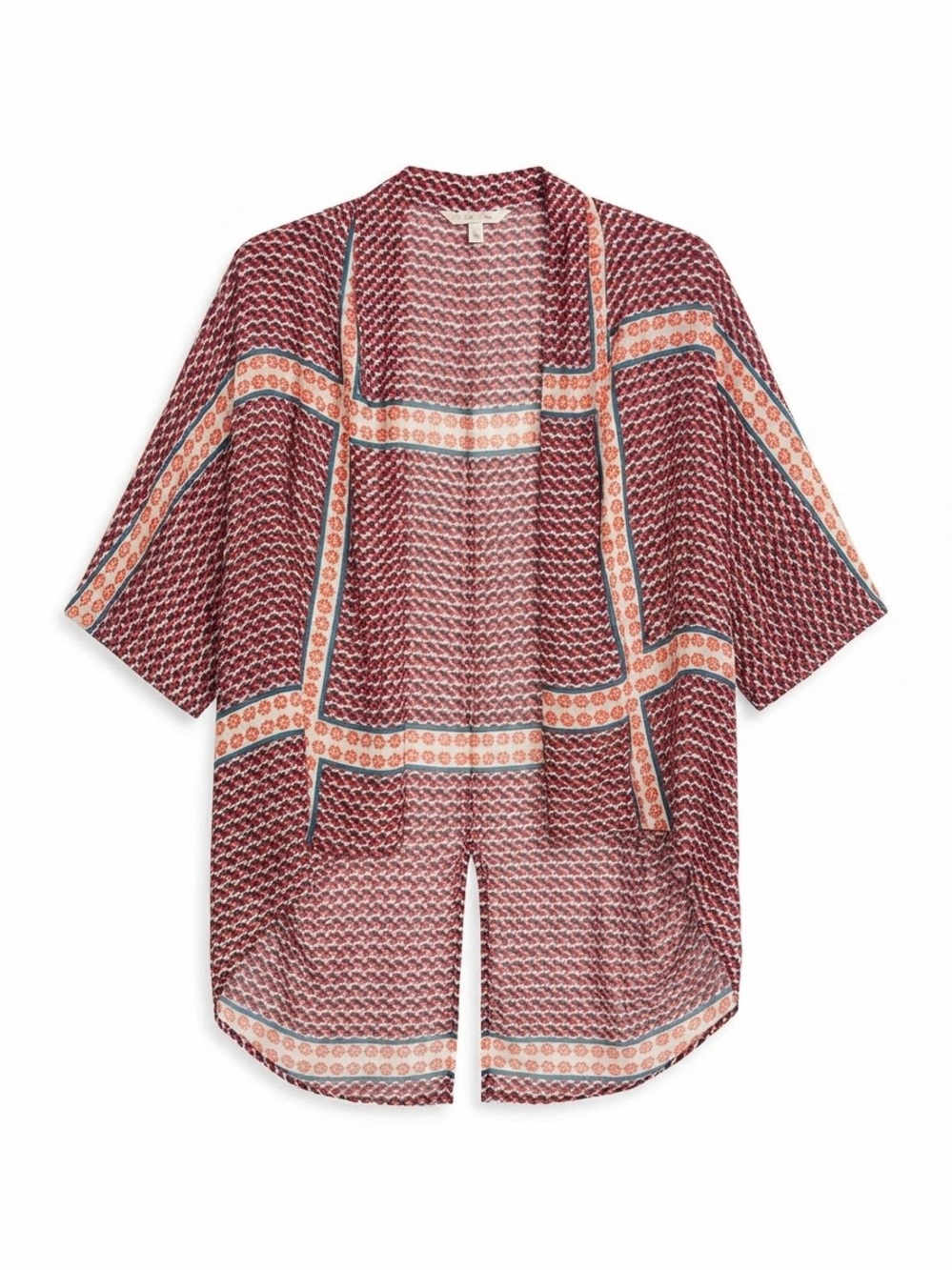 Glam Burgundy Geometric Print Open Front Kimono Cardigan Top (Size M)